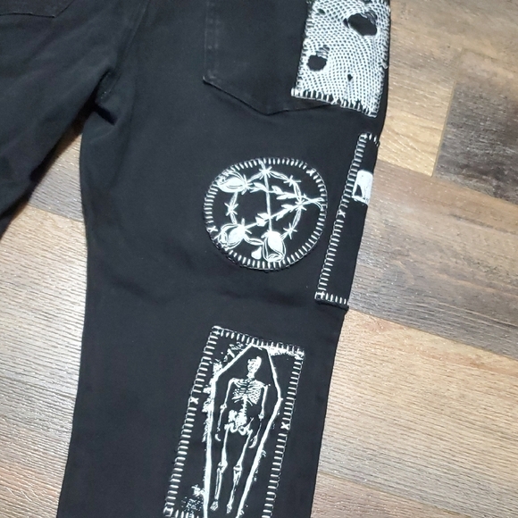 Dolls Kill Current Mood Black Straight Leg Jeans with Graphic Patches - Picture 11 of 13